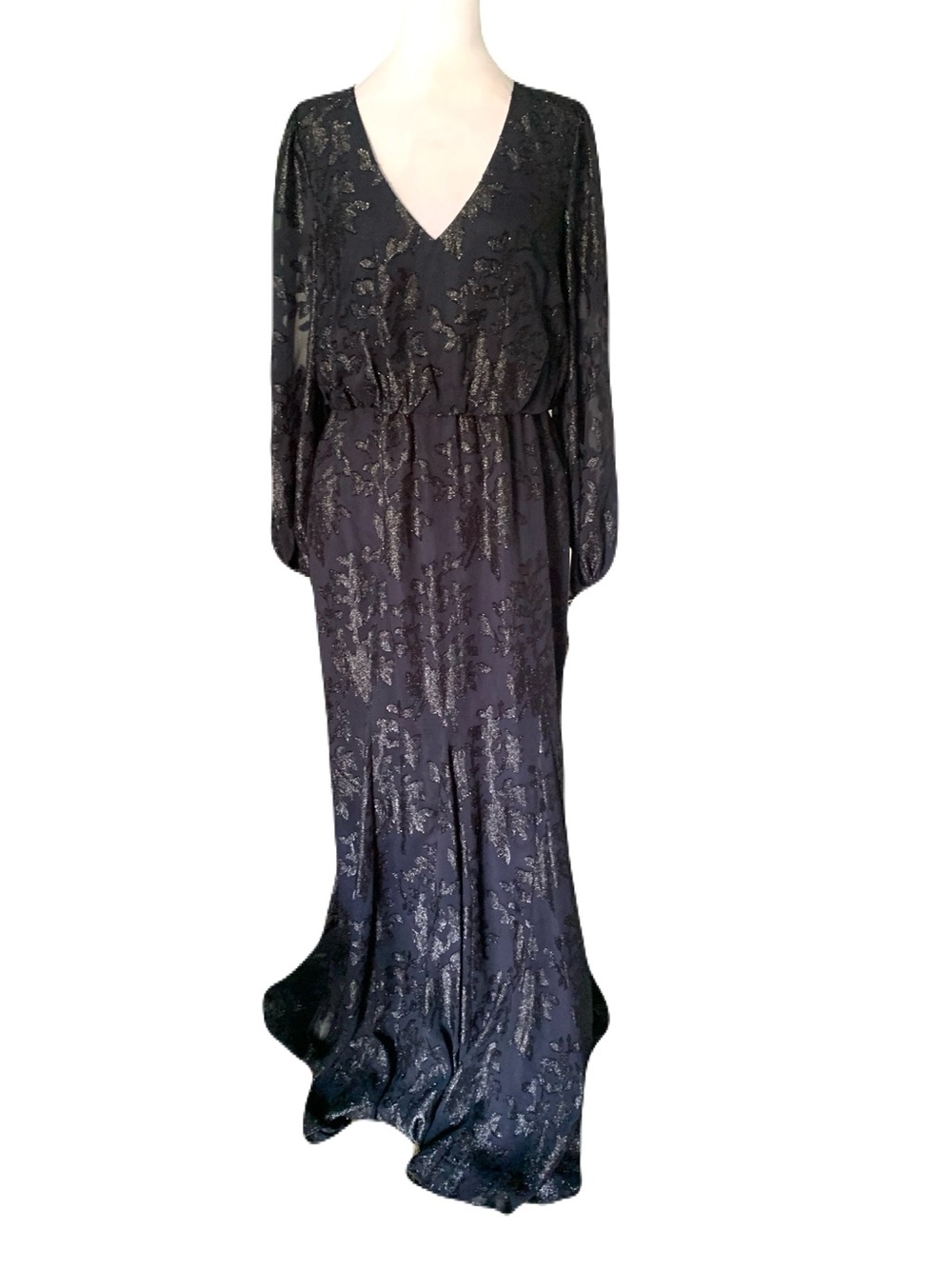 NEW Adrianna Papell 8 Navy Long Sleeve V-Neck Metallic Chiffon Gown MOB Formal